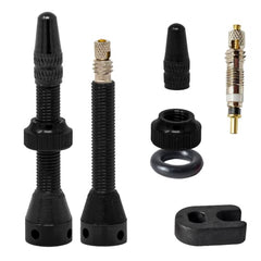 CLASK Kit 2 Válvulas Tubeless MTB 40mm anti-obstrucción con aleación ligera y resistente + Núcleos de válvula fina + Llave extracción obus presta con tapón, tuercas y juntas incluidos (Negro)